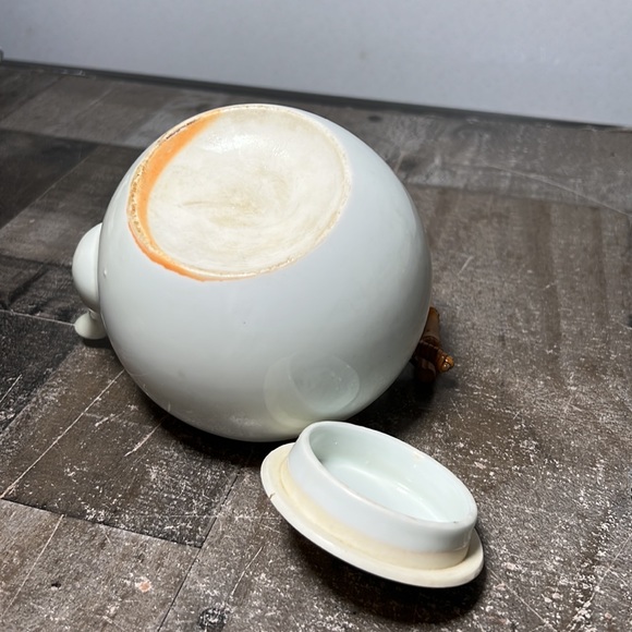 Vintage Asian Porcelain Tea Pot Name under Lid Rattan Handle - Picture 7 of 7